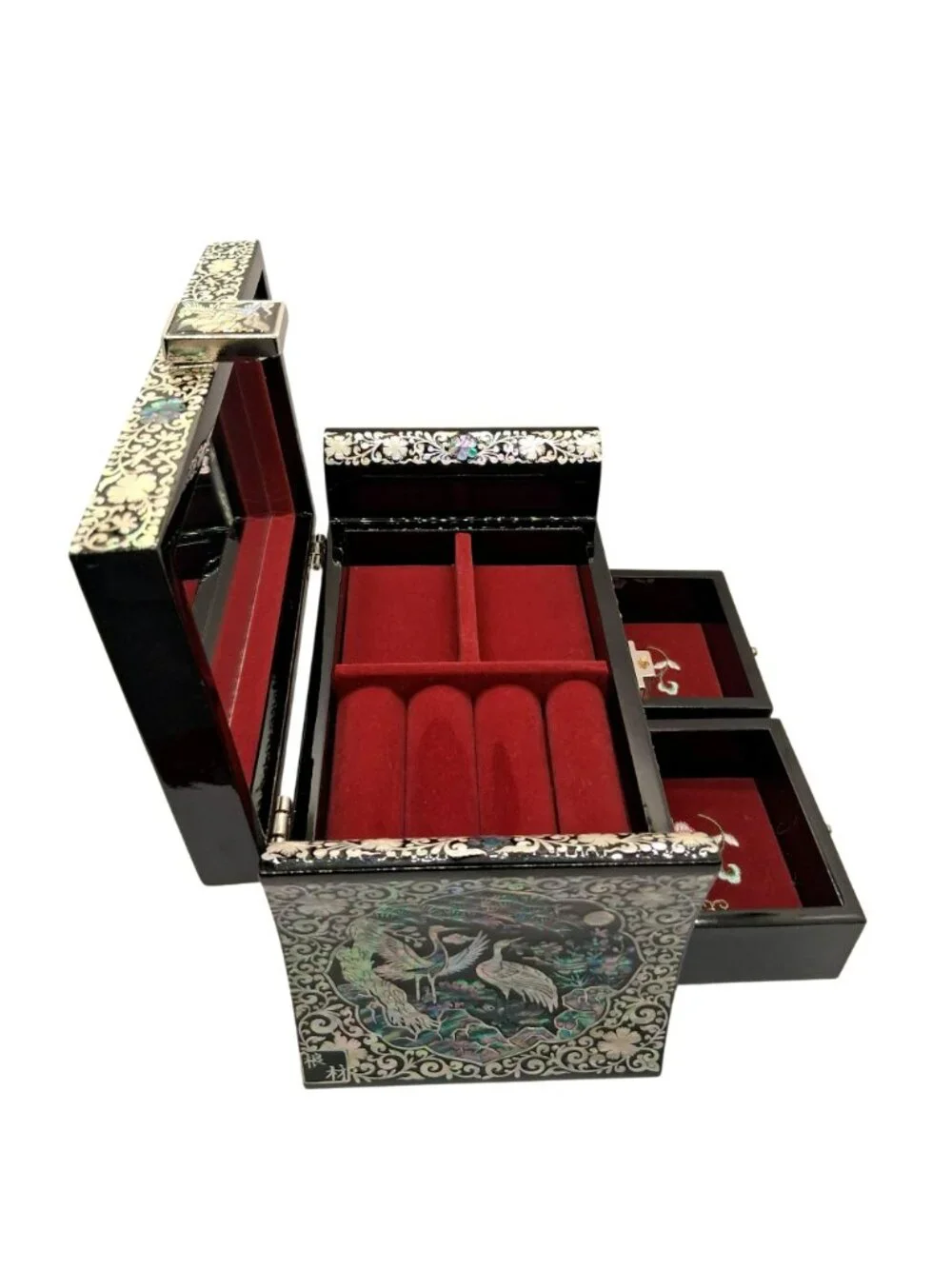 Elegant Mother-Of-Pearl Inlay Asian Jewelry Box Lacquered W Crane & Floral NWOB